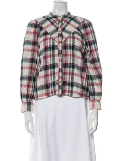 Pre-owned La Maille Sezane Plaid Print Mock Neck Button-up Top In Green