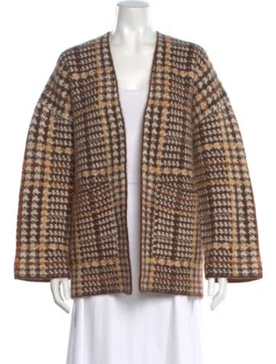 Pre-owned La Maille Sezane Plaid Print Open Front Sweater In Brown