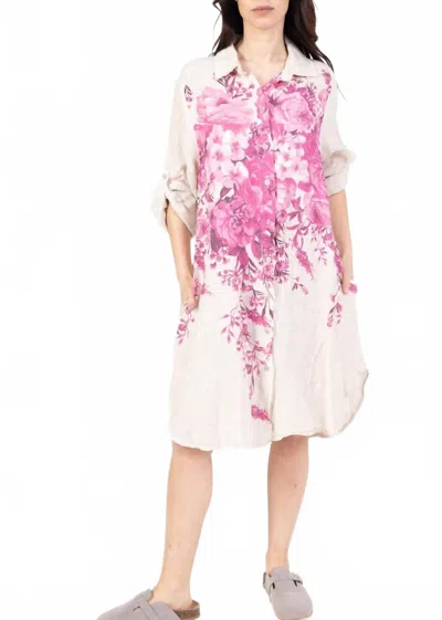 La Maison Des Fibres Naturelles Linen Floral Print Shirt Dress In Pink