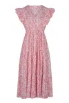 La Mandarine Women's Orange / White Floral Summer Maxi Dress, Frilled Sleeve Cotton Summer Dress With Pockets, Co