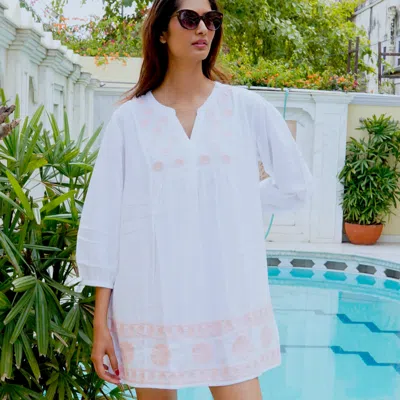 La Mandarine Women's White Cotton Beach Kaftan, Embroidered Resortwear Kaftan Grace Pink