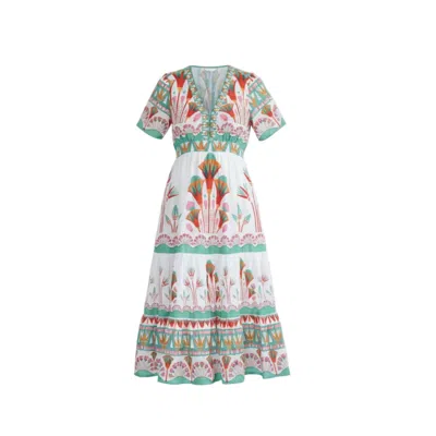 La Mandarine Women's White Floral Print Summer Midi Dress With Pockets Emilia