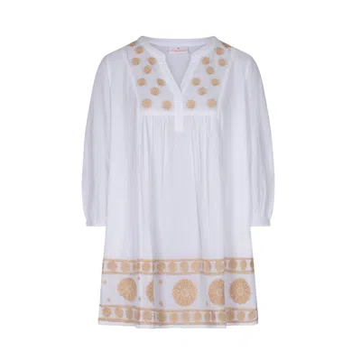 La Mandarine Women's White / Pink White Cotton Gauze Beach Kaftan With Pink Embroidery And Pockets In Multi