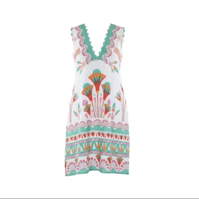 La Mandarine Women's White Summer Mini Dress, Cotton Mini Dress With Art Deco Print & Pockets, Alice
