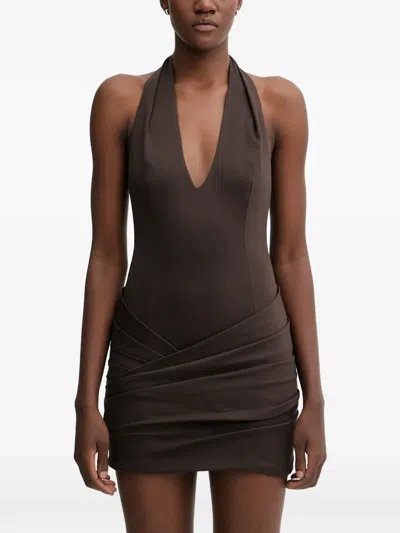 La Mania Blanca Halterneck Draped Dress In Brown