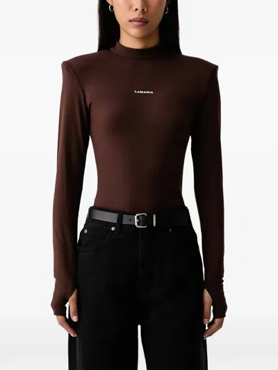 La Mania Padded-shoulder Logo-print Top In Brown