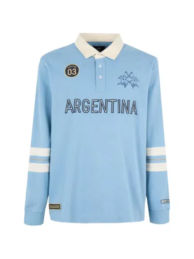 La Martina Davide Logo-embroidered Long-sleeve Polo Shirt In Blue