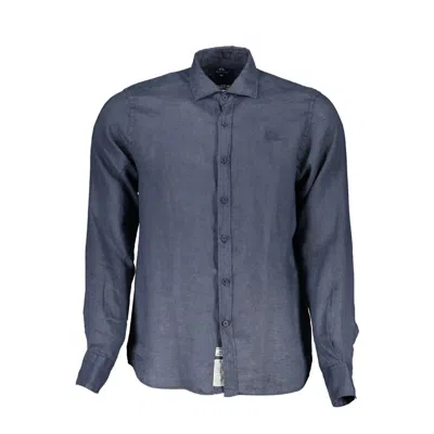 La Martina Logo-embroidered Linen Shirt In Blue