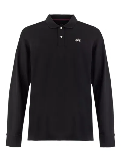 La Martina Brett Long-sleeve Logo-embroidered Polo Shirt In Black