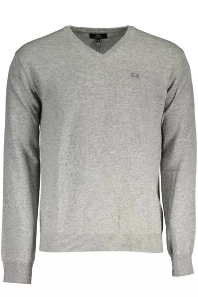 La Martina Elegant Gray V-neck Luxury Sweater In Grey