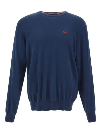 La Martina Embroidered Logo Ribbed Sweater In Blue