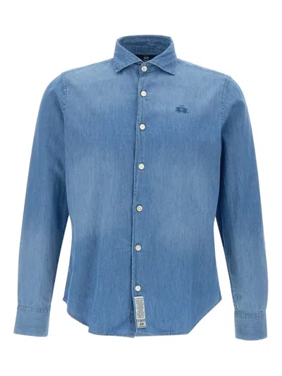 La Martina Logo-embroidered Denim Shirt In Blue
