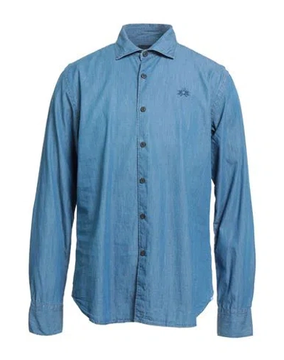 La Martina Man Denim Shirt Blue Size Xxl Cotton