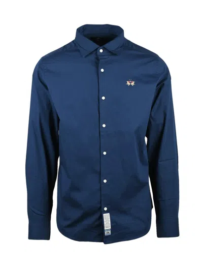 La Martina Multicolor Embroidered Stretch Shirt In Blue