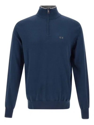 La Martina Zip Embroidered Logo Sweater In Blue