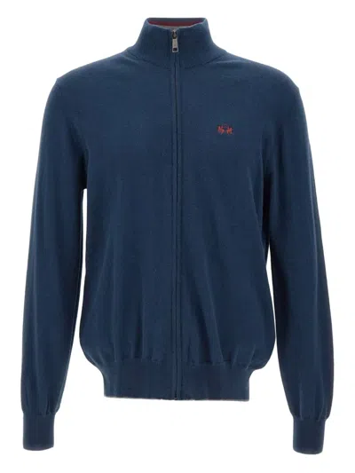 La Martina Zip-up Embroidered-logo Cardigan In Blue