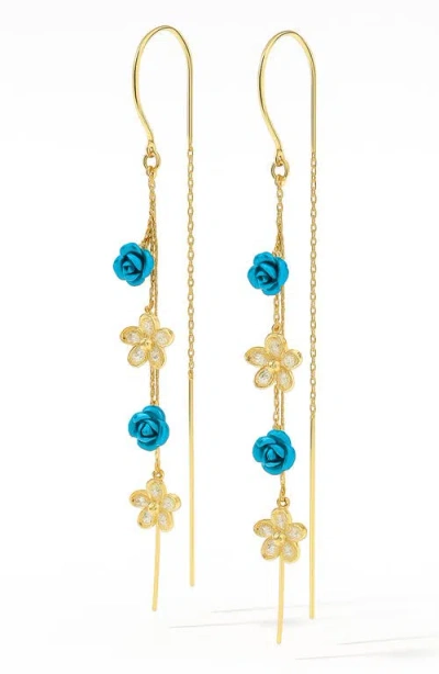 La Meno Aqua Flower Threader Earrings In Gold