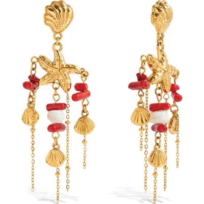 La Meno Coral And Shell Drop Earrings In Gold