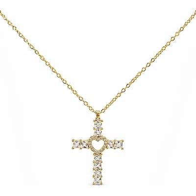 La Meno Crystal Cross Heart Pendant Necklace In Gold