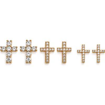 La Meno Crystal Cross Set Of 3 Pairs Stud Earrings In Red