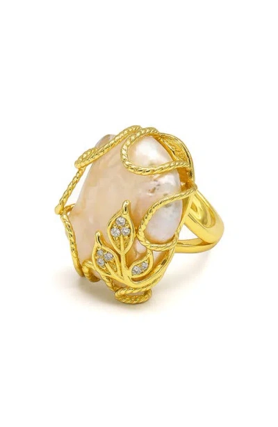 La Meno Freshwater Pearl Leaf Ring In Metallic