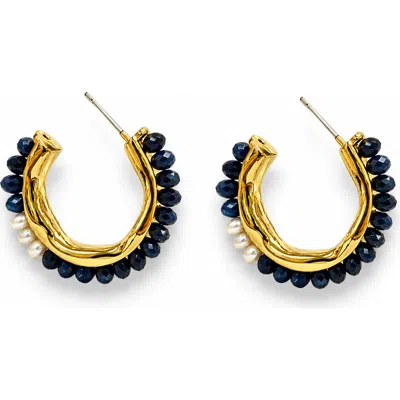 La Meno Olive Beaded Hoop Earrings In Gold
