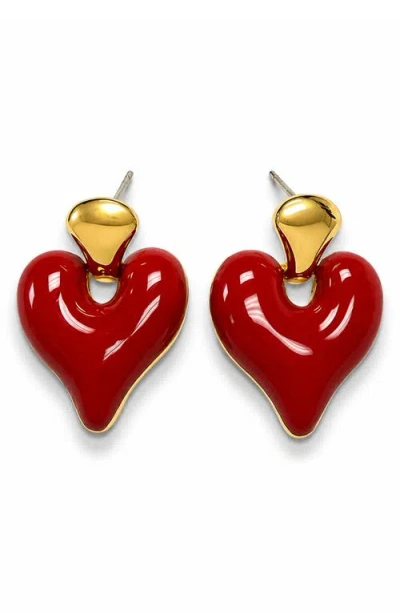 La Meno Puffy Heart Drop Earrings In Red