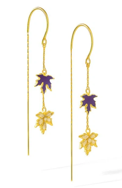 La Meno Purple Leaf Threader Earrings In Gold