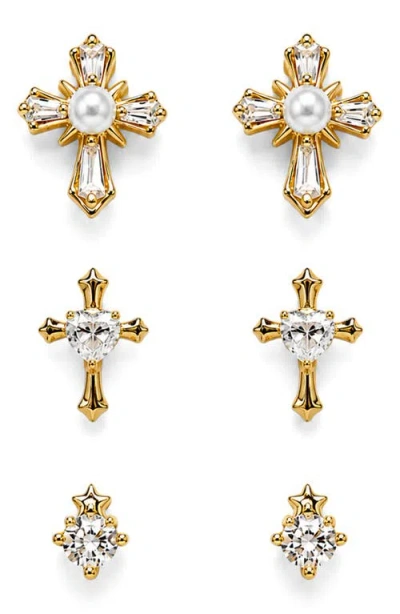 La Meno Set Of 3 Crystal Cross Stud Earrings In Gold