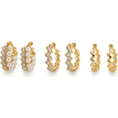 La Meno Set Of 3 Faux Pearl & Crystal Huggie Hoop Earrings In Gold
