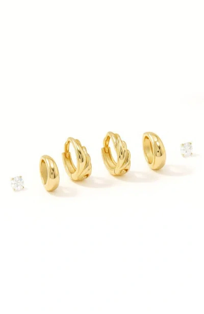 La Meno Set Of 3 Luxe Curve Stud & Hoop Earrings In Gold
