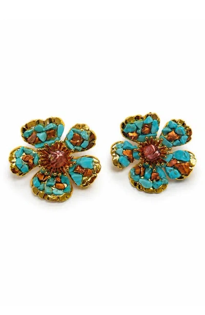 La Meno Turquoise Flower Stud Earrings In Multi