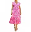 La Mer Luxe Women's Knit Short Sleeve Brooke Midi Dress In Fuchsia Flower In Pink