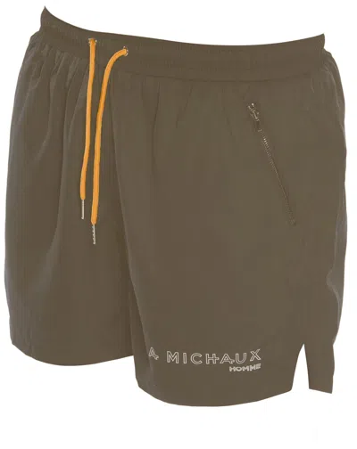 La Michaux Men's Green Swim Shorts With Zippers In Brown