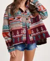 La Miel Boho Aztec Jacket In Wine In Pink