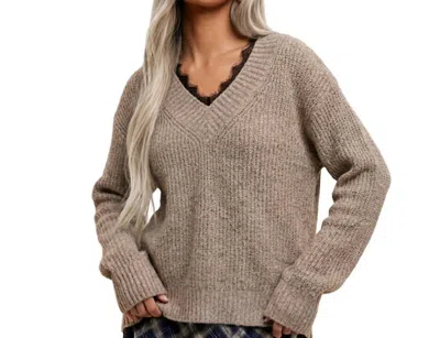 La Miel Boho Lace Trim V-neck Ribbed Knit Sweater In Heather Beige In Brown
