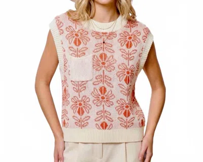 La Miel Floral Knit Sweater Vest In Burnt Orange In White