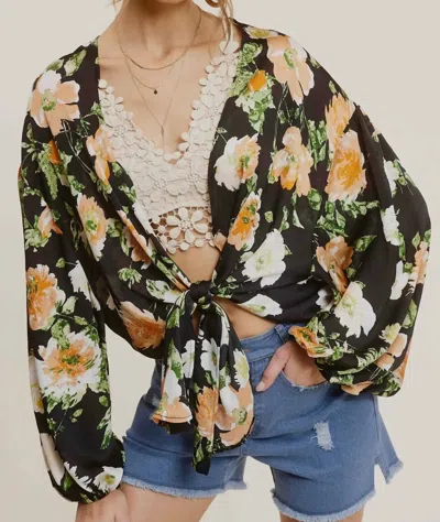 La Miel Floral Pattern Kimono Top In Black