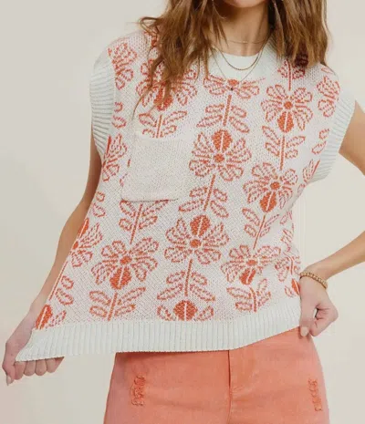 La Miel Floral Sleeveless Sweater In Burnt Orange