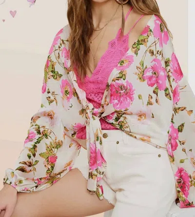 La Miel Flower Pattern Kimono Top In Cream
