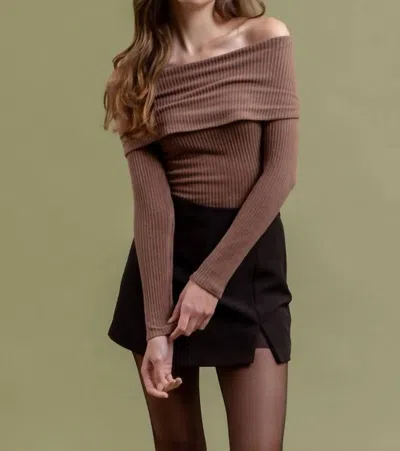 La Miel Foldover Off The Shoulder Long Sleeve Top In Mocha In Brown