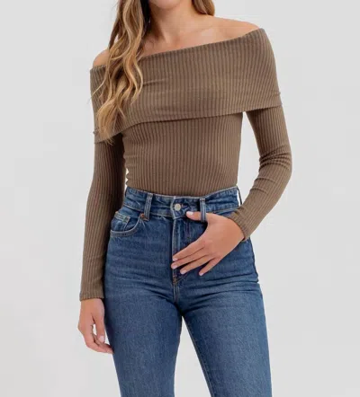 La Miel Foldover Off The Shoulder Long Sleeve Top In Olive In Green