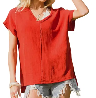 La Miel Gauze V-neck Tunic Top In Fire Red