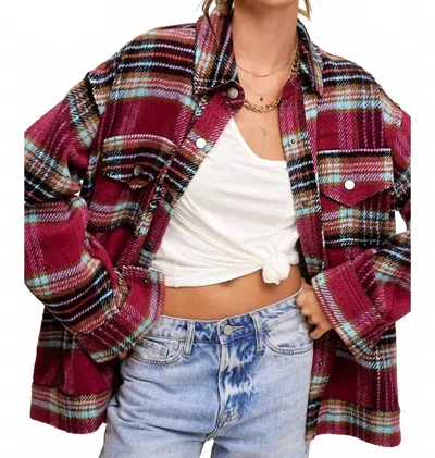 La Miel Loose Fit Plaid Button Down Shacket With Pockets In Plum Multi