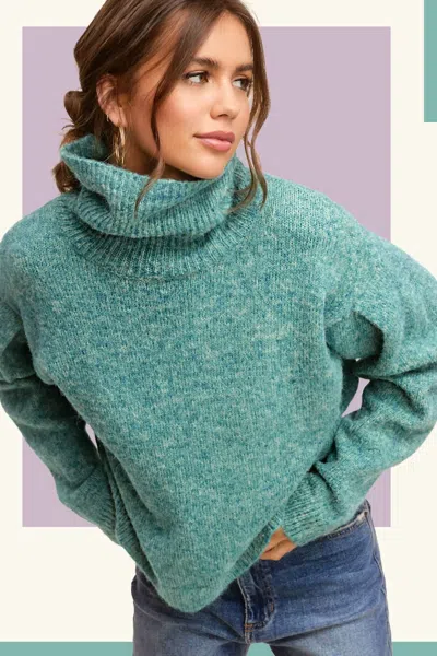 La Miel Loose-fit Turtleneck Pin-tuck Long Sleeve Western Sweater In Mermaid In Green