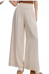 La Miel Olivia Smocked Waist High Waist Pants With Side Pockets In Beige In White