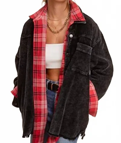 La Miel Oversized Washed Fabric Corduroy Button Down Jacket In Black