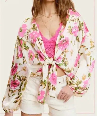 La Miel Pearl Shinny Fabric Floral Pattern Front Tie Blouse In Multicolor In Pink