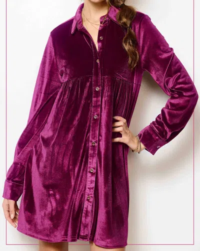 La Miel Soft Velvety Button Down Collar Dress In Ruby In Purple