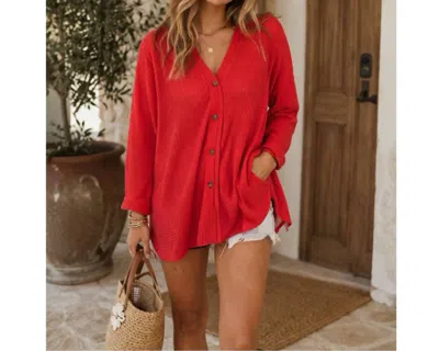 La Miel Soft Waffle Knit Oversized Cardigan In Coral Pink In Red